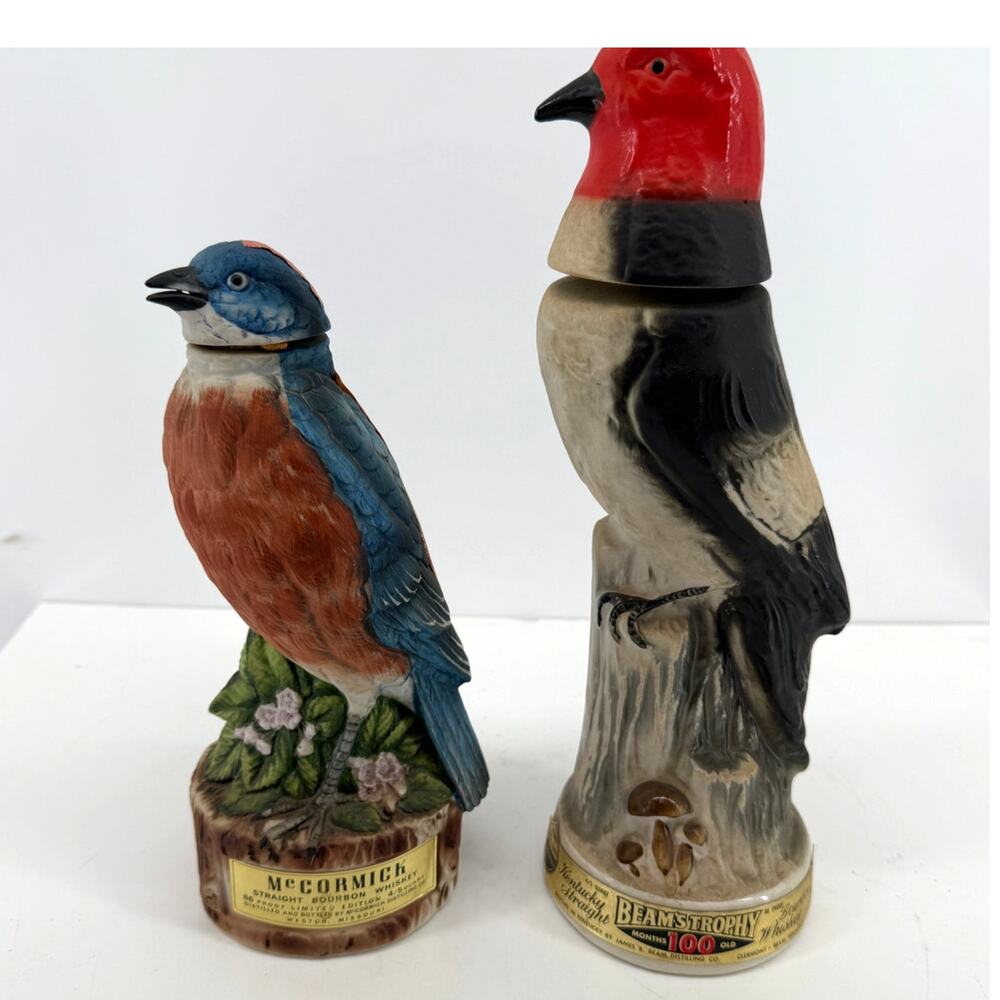 McCormick Missouri Bluebird Jim Beam Red Head Bird Whiskey Decanters Vintage Lot